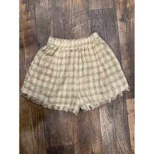 Buru Women XS Gold Plaid Tweed High Waisted Shorts Fringe Hem Boucle